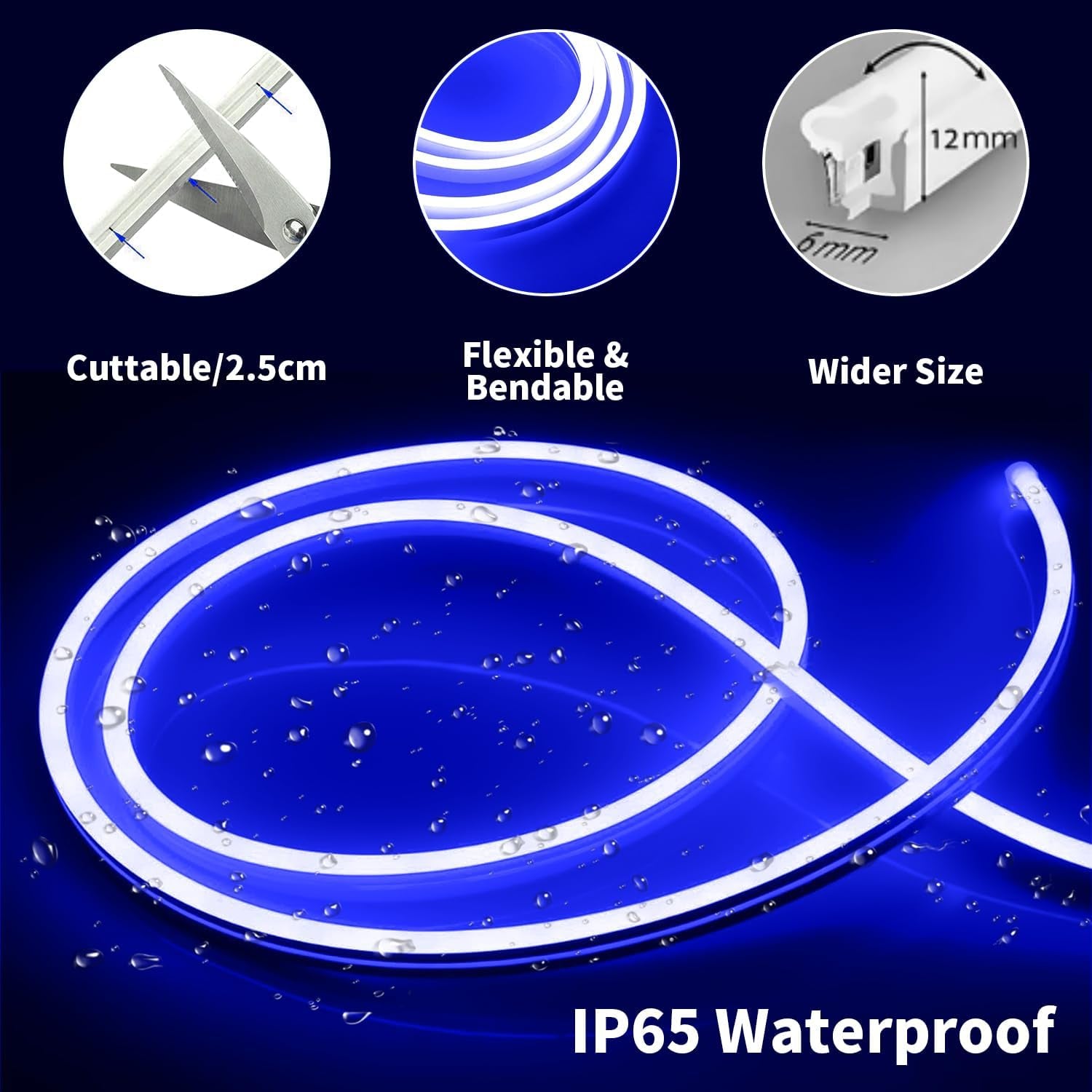 Blue 16.4Ft Neon LED Strip Lights, Flexible & Waterproof, Cuttable & Dimmable, IP65, 600 SMD Leds, 12V Direct Current, Suitable for Indoor and Outdoor Use